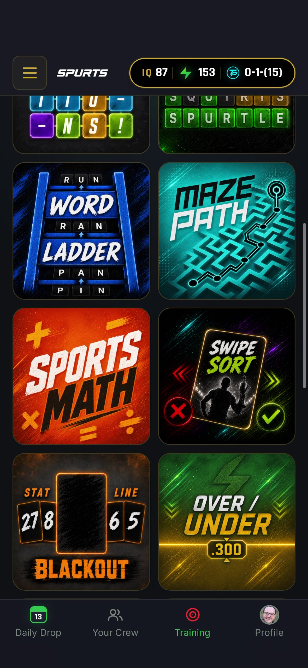 The SPURTS Arcade: a grid of sports brain games including Word Ladder, Maze Path, and Sports Math
