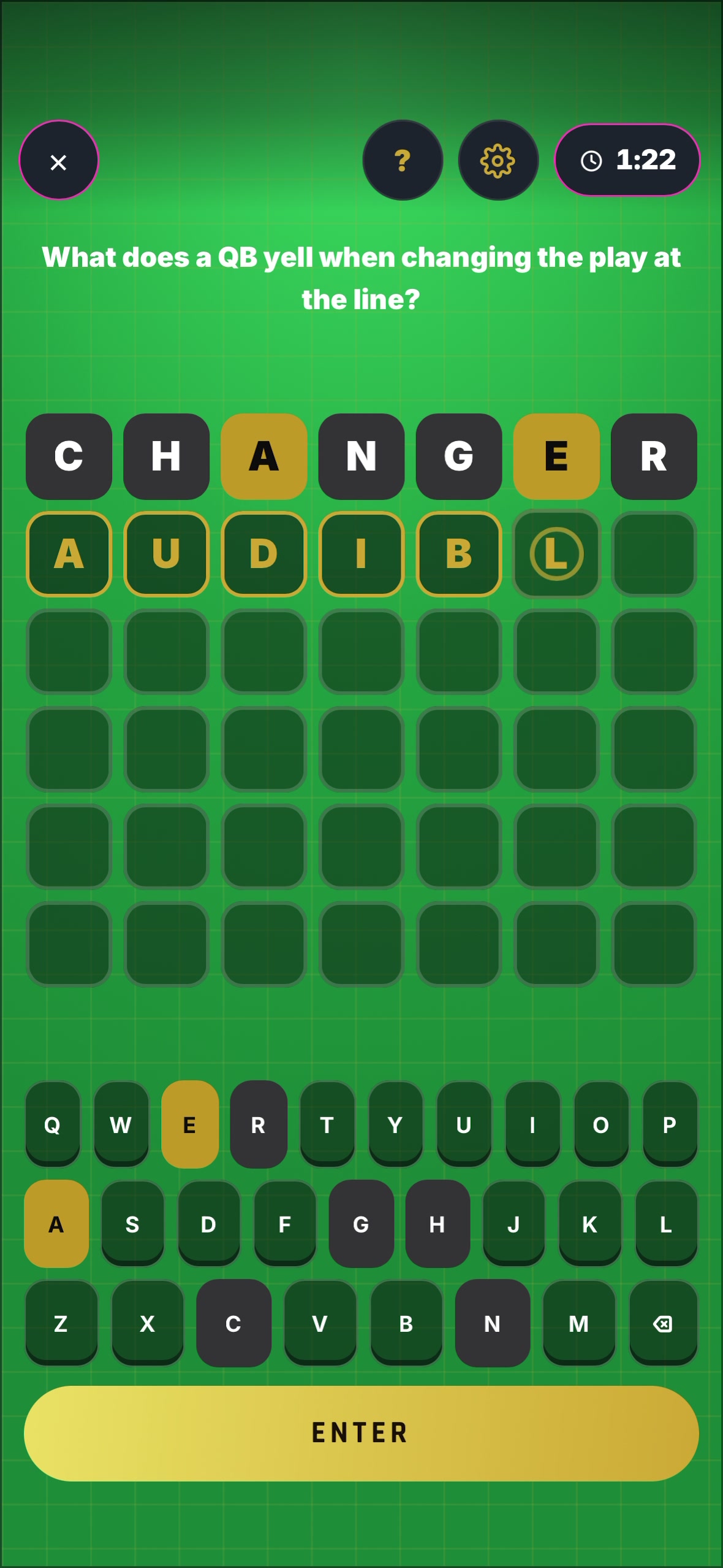 SPURTS word puzzle: guess the sports term, the answer is AUDIBLE