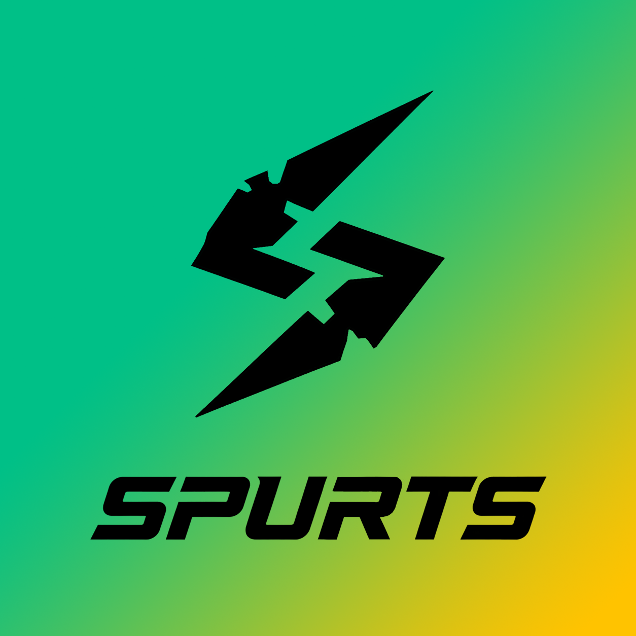SPURTS logo: black bolt and wordmark on an emerald-to-gold gradient