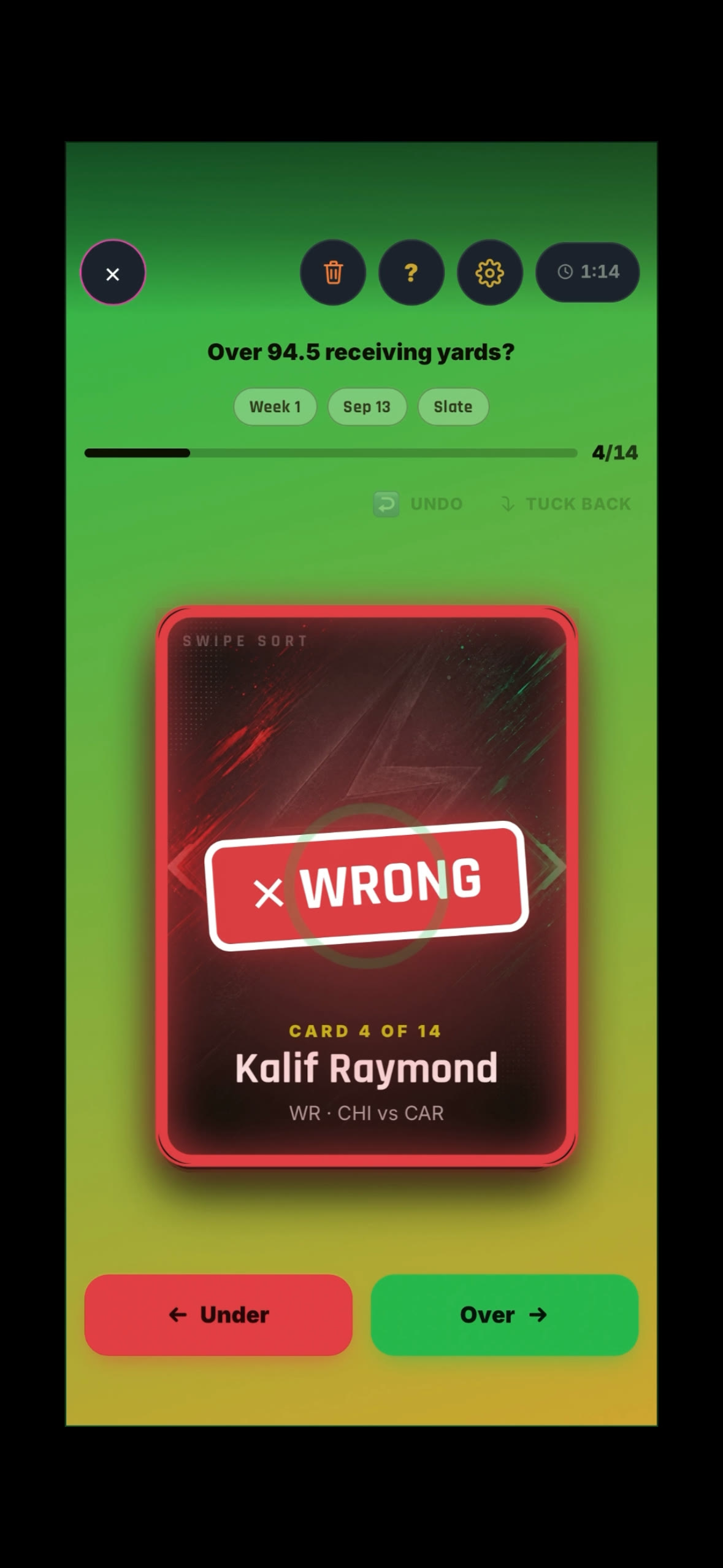 SPURTS Swipe Sort: swipe a player card over or under the line