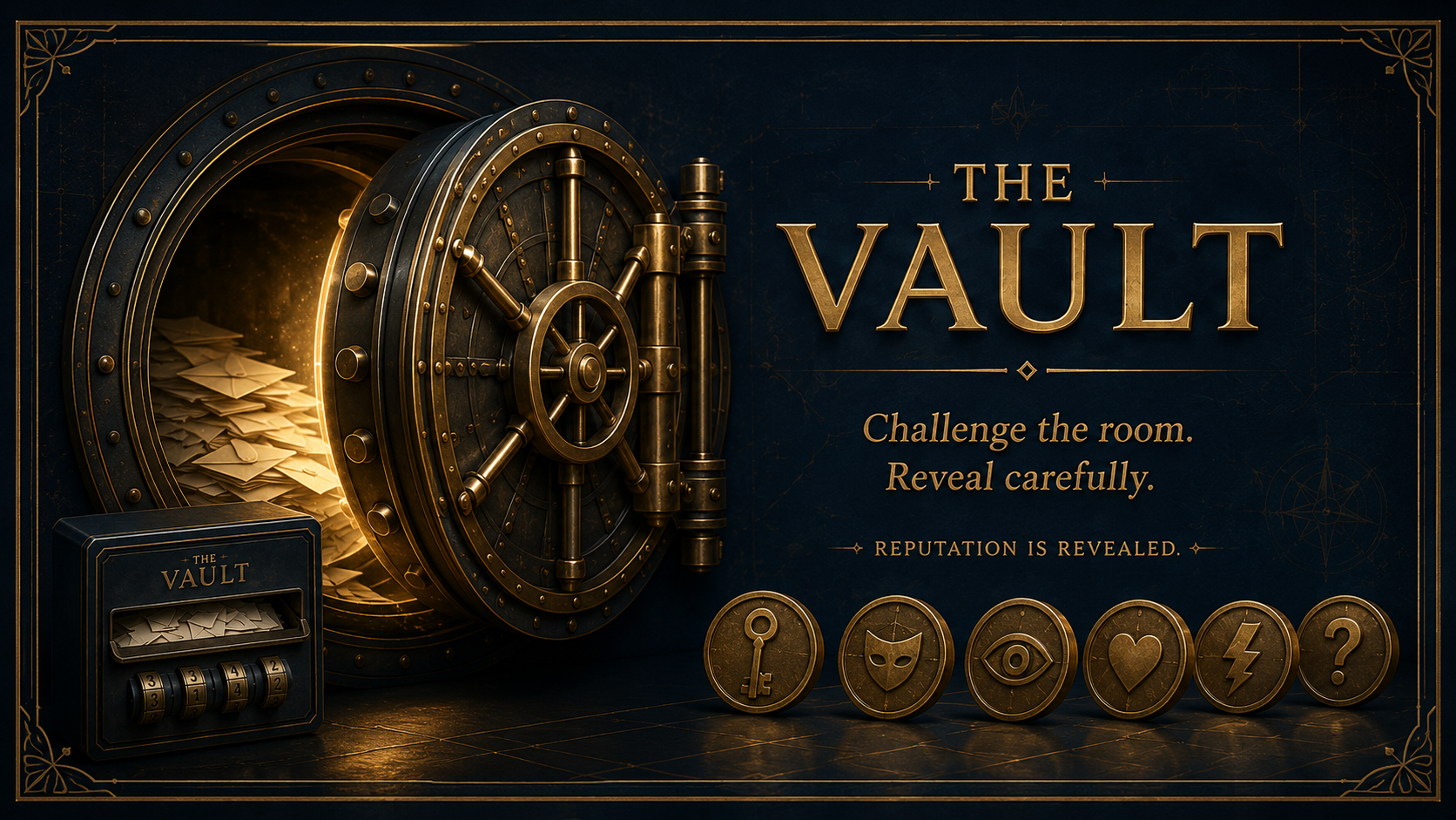 The Vault key art: brass vault door and golden envelopes