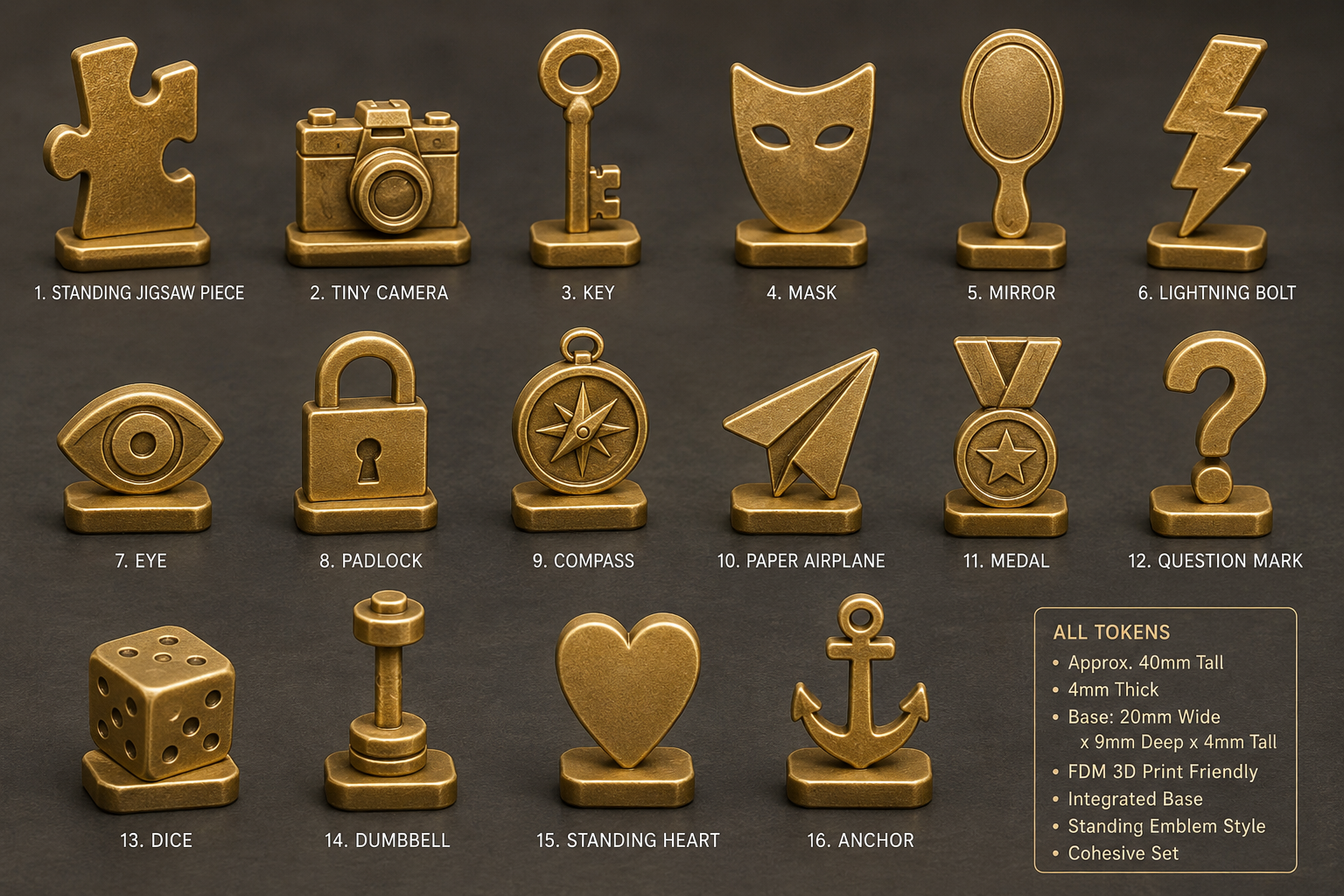 Prototype set of sixteen brass game tokens: key, mask, mirror, lightning bolt, padlock, compass, and more