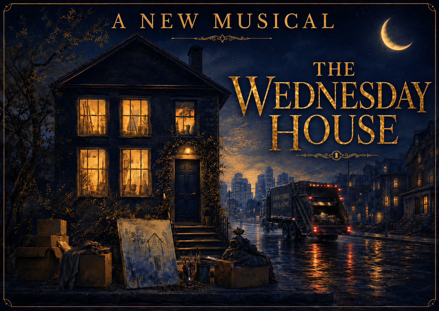 The Wednesday House poster: a house with glowing windows on a rainy night street